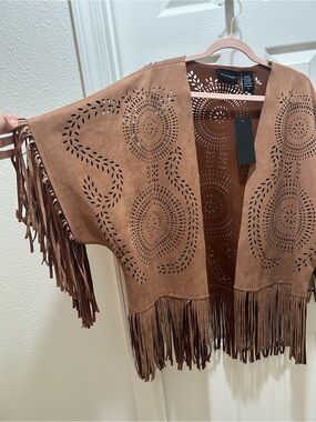 Fringed Laser-Cut Faux Suede Jacket Brown